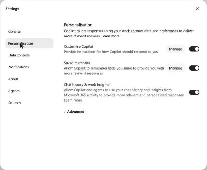 The Personalisation page in Copilot Chat settings: Customise Copilot with a Manage button and toggle, Saved memories with a Manage button and toggle, Chat history and work insights toggle, and an Advanced section.