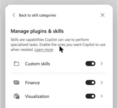 The Manage plugins and skills dialog in Excel with toggles for Custom skills, Finance and Visualization.