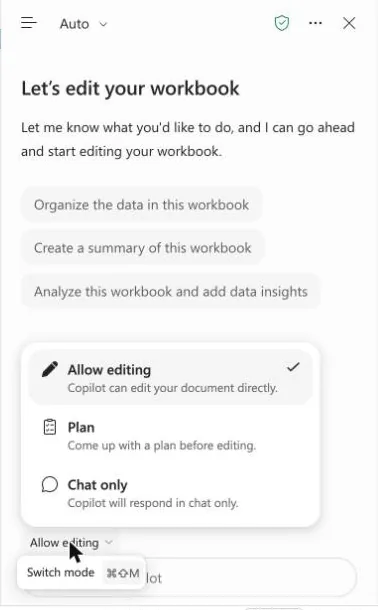The mode selector in the Copilot pane in Excel, open, showing Allow editing (Copilot can edit your document directly), Plan (Come up with a plan before editing) and Chat only (Copilot will respond in chat only).
