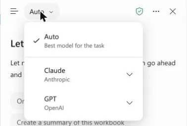 The model picker in the Copilot pane in Excel, open, showing Auto (Best model for the task), Claude (Anthropic) and GPT (OpenAI).