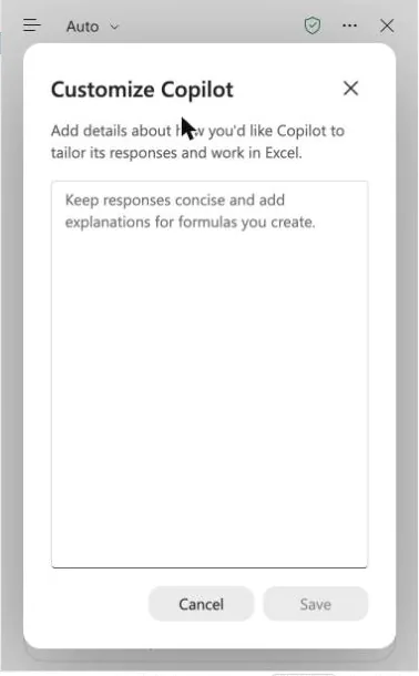 The Customize Copilot dialog in Excel with the hint Keep responses concise and add explanations for formulas you create, and Cancel and Save buttons.