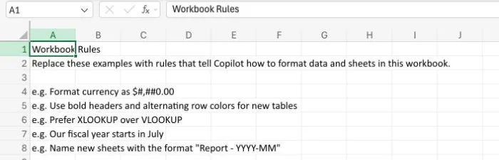 The .Rules worksheet Copilot created in my mock claims workbook, with the template text Replace these examples with rules that tell Copilot how to format data and sheets in this workbook, and five example rules.