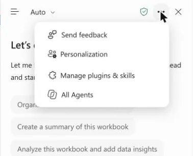 The settings menu of the Copilot pane in Excel: Send feedback, Personalization, Manage plugins and skills, All Agents.